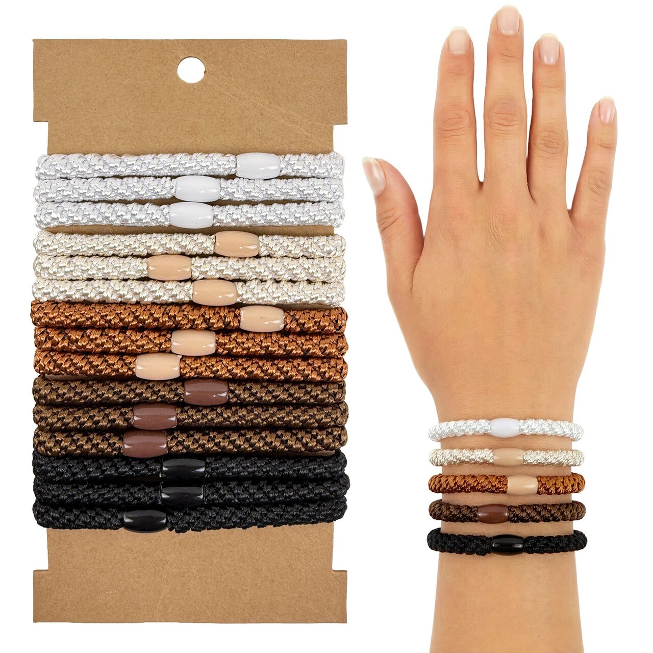 Wrapables Braided Elastic Hair Ties for Women, No Damage Hairbands for Thick Ponytails (15pcs), Neutrals